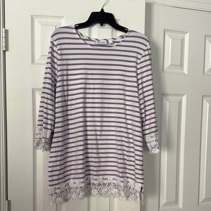 Denim and Company Purple Striped Lace Trim Top